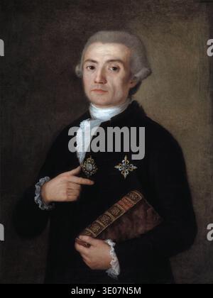Dieses faszinierende Ölgemälde aus dem späten 18. Jahrhundert, das einem anonymen spanischen Maler zugeschrieben wird, zeigt einen Inquisitor, möglicherweise ein Mitglied der spanischen Inquisition. Das Motiv, das mit eleganten Rüschen, einer Puderperücke und kirchlichen Verzierungen verziert ist, zeigt ein reich gebundenes Buch mit dem Titel „FAMILIA REGLADA“. Stockfoto