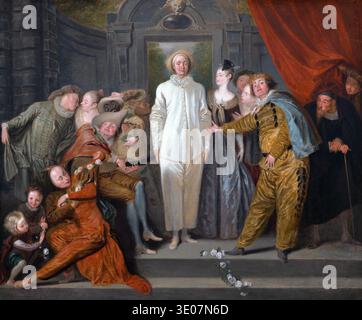 Dieses Ölgemälde „die italienischen Comedians“ von Antoine Watteau aus dem Jahr 1720 zeigt eine Gruppe von Commedia dell'arte-Charakteren, die sich um eine zentrale Figur in einem weißen Pierrot-Kostüm versammelt haben. Das Rokoko-Kunstwerk fängt die Theatralik und die lebendigen Ausdrucksformen der Künstler ein, vor einem dunklen architektonischen Hintergrund mit einem Blick auf die Natur. Der zentrale Charakter, der als Pierrot an seinem weißen Outfit und seiner Rüsche erkennbar ist, steht prominent, während andere Figuren, darunter Harlequin und Columbine, dynamisch um ihn herum interagieren. Stockfoto