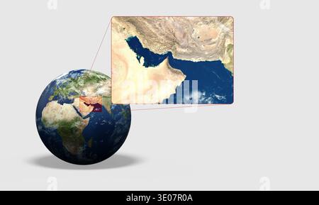 Satellitenansicht des Nahen Ostens und der Meerenge von Hormuz – 3D-Rendering Stockfoto