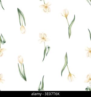 Nahtloses Blumenmuster im Frühling mit weißen Tulpen, Grün. Aquarellabbildung isoliert auf transparentem Hintergrund. Handgemalte zarte Blumen Stockfoto