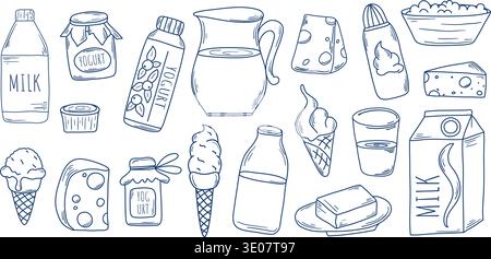 Milchprodukte, großes Set, Sketch-Stil. Speisen wie Hüttenkäse, Butter, Käse, Joghurt, Eis und Schlagsahne von Hand gezogen Stock Vektor
