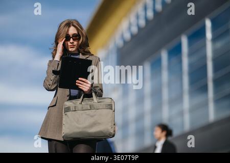 Geschäftsfrau mit Tablet und Aktenkoffer vor dem Bürogebäude auf dem Weg zur Arbeit Stockfoto