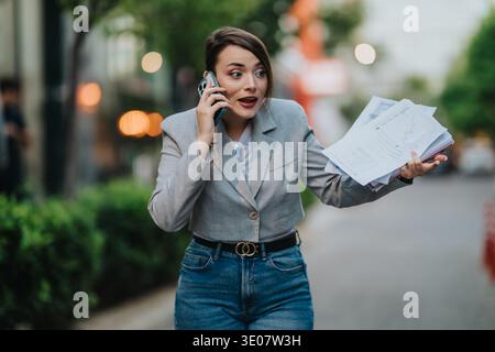 Geschäftsfrau am Telefon in einer städtischen Straße, hält Dokumente und sieht überrascht aus Stockfoto