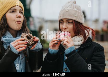 Zwei Mädchen in Winteroutfits essen farbenfrohe Donuts im Freien in gemütlichen Mützen und lässiger Mode Stockfoto