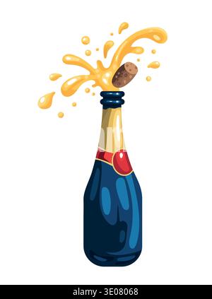 Cartoon-Champagnerflasche mit knallendem Kork und Spritzer. Festliche Sektexplosion. Flachvektor-Clipart, Illustration mit isoliertem Hintergrund. Stock Vektor