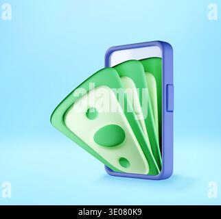 Smartphone mit einem Haufen 3D-Geld aus dem Bildschirm. Stock Vektor
