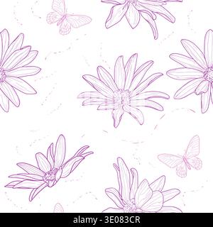 Frühlingsblumen und Schmetterlinge, handgezeichnetes nahtloses Muster. Vektorabbildung. Kamille- oder Kornblumenwiesen, isoliert auf Hintergrund. Garde Stock Vektor