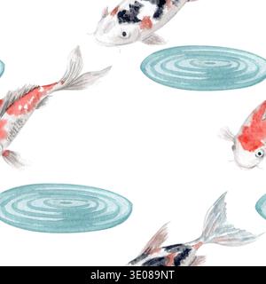 Koi-Fisch nahtloses Muster mit Wasserkräuseln, asiatischer Zen-Teich auf weißem Hintergrund. Handgemalte orientalische Aquarellillustration für Textilien, Tapeten Stockfoto