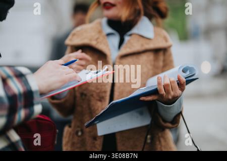 Zwei Experten prüfen Dokumente im Freien und arbeiten mit Clipboards und zusammengerollten Plänen in einer Stadt zusammen Stockfoto