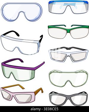 Schutzbrillen und Schutzbrillen Kollektion zum Schutz der Augen Stock Vektor