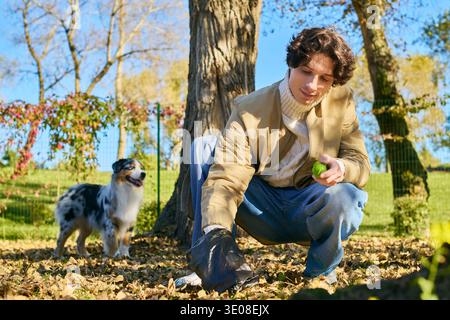 Ein junger Mann in einer Frühlingsjacke kniet, um mit seinem Hund, einem australischen Schäferhund, in einem sonnigen Park zu spielen. Stockfoto