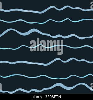 Nahtloses Muster wellenförmiger Linien auf blauem Hintergrund. Aquarellabbildung. Abstrakte Elemente im nautischen Stil. Handgezeichnete isolierte Kunst. Design Stockfoto