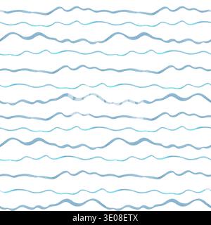 Nahtloses Muster von welligen blauen Linien. Aquarellabbildung. Abstrakte Elemente im niedlichen nautischen Stil. Handgezeichnete isolierte Kunst. Hintergrund für Stockfoto