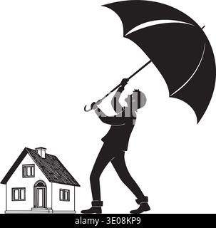 Schwarz-weiße Vektorsilhouette einer Frau, die mit einem Regenschirm geht, während hinter ihr ein kleines Haus sichtbar ist, das die Sicherheit des Hauses symbolisiert Stock Vektor