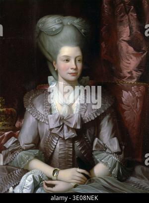 Dieses fesselnde Ölgemälde aus den 1780er Jahren, „Queen Charlotte“ von Benjamin West, zeigt die Königin in einem opulenten Lavendelkleid mit komplizierter Spitze und Rüschen. Sie ist mit Perlen und einer großen Puderperücke verziert, die die Eleganz und Mode der britischen Aristokratie Ende des 18. Jahrhunderts widerspiegelt. Stockfoto