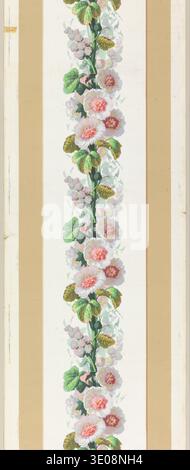 Diese lebendige Aquarellillustration, die wahrscheinlich aus dem späten 19. Oder frühen 20. Jahrhundert stammt, zeigt ein florales Randdesign mit Hollyhocks oder ähnlichen Malvenblüten. Der detaillierte botanische Kunststil betont die üppigen Blätter und zarten rosa und weißen Blüten vor einem cremefarbenen Hintergrund mit markanten vertikalen Streifen, die möglicherweise als Tapete oder Stoffmuster gedacht sind. Stockfoto