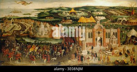 Dieses detailreiche Tudor-Gemälde aus dem 16. Jahrhundert zeigt das opulente Treffen, das als das Feld des Tuchs des Goldes im Jahr 1520 bekannt ist, und zeigt die Pracht des Ereignisses zwischen Heinrich VIII. Von England und Franz I. von Frankreich. Der unbekannte britische Künstler fängt eine riesige Landschaft voller temporärer Paläste, Zelte und zahlreicher Figuren in zeitgenössischer Kleidung ein, die durch die ganze Szene pulsieren. Stockfoto
