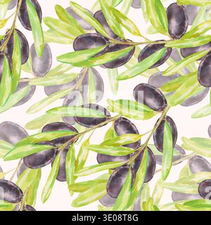 Nahtloses Aquarellmuster mit Olivenzweigen mit schwarzen Oliven und grünen Blättern auf weiß. Perfekt für mediterrane Lebensmittelverpackungen, Olivenöl Stockfoto