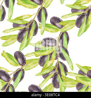 Nahtloses Aquarellmuster mit Olivenzweigen mit schwarzen Oliven und grünen Blättern auf weiß. Perfekt für mediterrane Lebensmittelverpackungen, Olivenöl Stockfoto