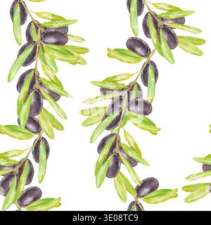 Nahtloses Aquarellmuster mit Olivenzweigen mit schwarzen Oliven und grünen Blättern auf weiß. Perfekt für mediterrane Lebensmittelverpackungen, Olivenöl Stockfoto