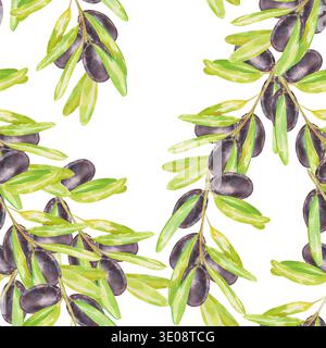 Nahtloses Aquarellmuster mit Olivenzweigen mit schwarzen Oliven und grünen Blättern auf weiß. Perfekt für mediterrane Lebensmittelverpackungen, Olivenöl Stockfoto