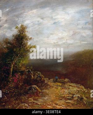 Dieses fesselnde Ölgemälde mit dem Titel „über den Wolken“ von Ralph Albert Blakelock aus dem späten 19. Oder frühen 20. Jahrhundert (um 1880–1910) zeigt eine Einzelfigur, die von einem felsigen Abgrund aus über eine weite, bewölkte Landschaft blickt. Das Werk zeigt Blakelocks unverwechselbaren Stil mit seiner atmosphärischen Qualität und satten, erdigen Tönen. Stockfoto
