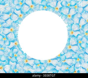 Aquarellrahmen von zarten blauen Flachsblüten. Dichtes florales Arrangement mit Kopierraum in der Mitte. Perfekt für Hochzeitseinladungen, umweltfreundliche Verpackung Stockfoto