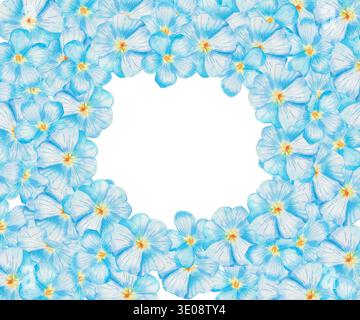 Aquarellrahmen von zarten blauen Flachsblüten. Dichtes florales Arrangement mit Kopierraum in der Mitte. Perfekt für Hochzeitseinladungen, umweltfreundliche Verpackung Stockfoto