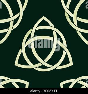 Grüner keltischer Dreifaltigkeitsknoten innerhalb eines Kreises, in einem einzigen Aquarellton mit Papierstruktur in nahtlosem Muster. Symbolisches St. Patricks Day Emblem für Iren Stockfoto