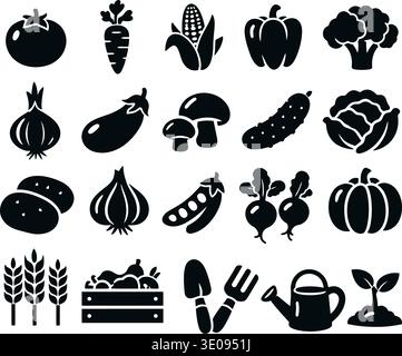 Gemüse, saisonale Ernte – Icon Set: Frische landwirtschaftliche Produkte, Garten Icons Kollektion. Stock Vektor