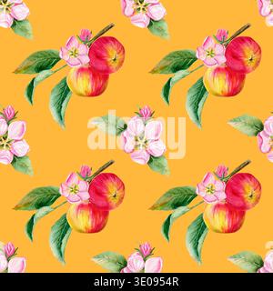 Nahtloses Aquarellmuster mit saftig roten zwei Äpfeln auf einem Zweig und rosa Blüte und Knospen mit Blättern Stockfoto