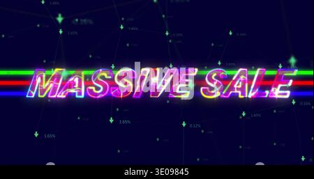 Anzeige von stilisiertem Neontext auf dem digitalen Armaturenbrett mit grünen Prozentpfeilen Stockfoto