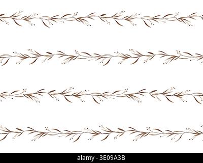 Nahtloses Schmuckstück mit horizontalen Streifen mit braunen Blüten und Blättern. Von Hand gezeichnete Illustration wiederholen Muster mit Pflanzen auf isoliert Stockfoto