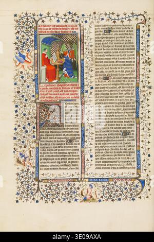 Diese reich erleuchtete Manuskriptseite, wahrscheinlich aus der französischen Übersetzung von Giovanni Boccaccios „de Casibus Virorum Illustrium“, zeigt den Autor Boccaccio, sitzend und schreibend, während er auf eine geflügelte allegorische Figur des Glücks zugeht. Die Ränder sind mit komplizierten Blattbändern verziert, mit kleinen Vignetten, darunter ein Drache, ein Jäger und eine Sitzfigur, die charakteristisch für mittelalterliche beleuchtete Texte ist. Stockfoto