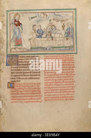 Diese beleuchtete Handschrift aus dem 13. Jahrhundert zeigt die „Hochzeit des Lammes“, wie sie im Buch der Offenbarung beschrieben ist. Die Szene zeigt den heiligen Johannes, der ein himmlisches Bankett beobachtet, bei dem das Lamm Gottes, das Christus repräsentiert, geehrt wird, während Figuren in den Wolken Trompeten spielen, was himmlische Feier bedeutet. Stockfoto