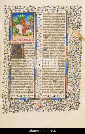 Diese reich erleuchtete Manuskriptseite, wahrscheinlich aus dem 15. Jahrhundert, zeigt „den Mord an Antiochus III.“ die zentrale Miniatur zeigt ein gewalttätiges Ereignis, bei dem eine Figur, vermutlich Antiochus III., von zwei Männern mit Schwertern angegriffen wird, einer zu Pferd und einer zu Fuß. Die Seite ist mit raffinierten Borten mit komplizierten Blumenmotiven und grotesken Figuren geschmückt, die charakteristisch für mittelalterliche europäische Kunst sind. Stockfoto