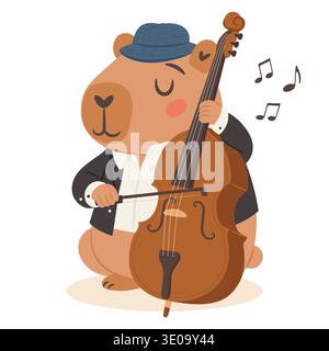 Niedlicher Capybara-Jazzmusiker, der einen Kontrabass in einer Vintage-Jazzband-Comic-Illustration spielt Stock Vektor