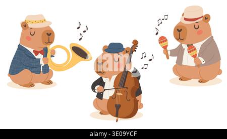 Süßes Comic Old School Capybaras Jazz Band Set Stock Vektor