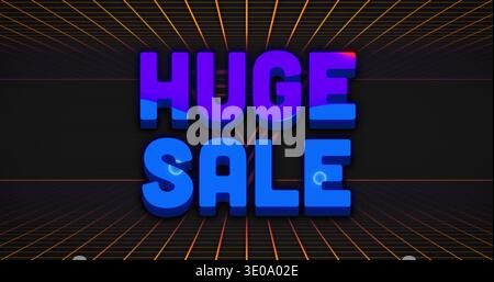 Großer 3D-Text, GROSSER VERKAUF auf Banner, orangefarbenem Raster, V-Strahlen, Dunkelband, blauem Glanz, Felge – Licht Stockfoto