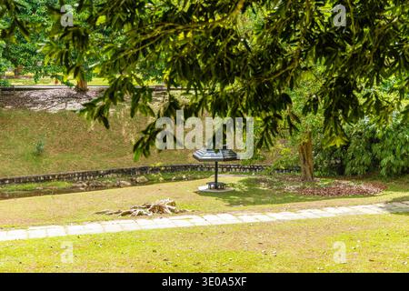 Schwarzer Metallpavillon mit Sitzbereich in einem üppig grünen Park, Steingang führt durch gepflegten Rasen, kleinen Bach und dichte tropische Bäume Stockfoto
