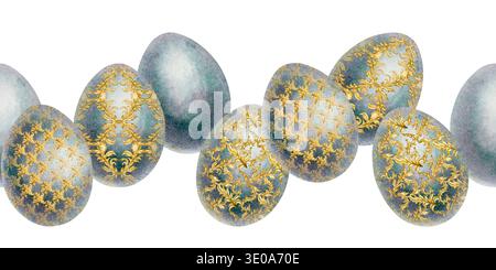 Nahtlose Ostereier-Grenze in Aquarellfarben mit verziertem Goldschmuck und weicher Textur. Luxuriöses Dekorationsmuster im Vintage-Stil für Feiertagsdesign, Grußkarte Stockfoto