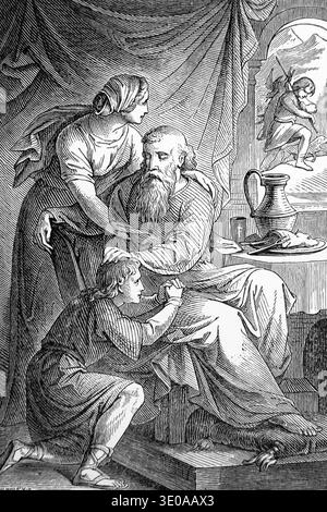 Illustration von Isaak Segen Jakob - Rebekah und Jakobs Täuschung von Isaak (1. Mose) aus der Ausgabe 1906 des Lebens unseres Herrn und Erlösers Jesus C. Stockfoto