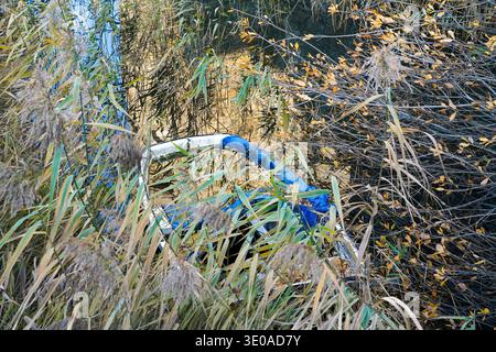 Bewachsenes Schilf und verworrene Äste eines ruhigen Kanalufers verbergen teilweise ein kleines, verlassenes Boot, das mit einer blauen Plane bedeckt ist. Gent, Belgien. Stockfoto