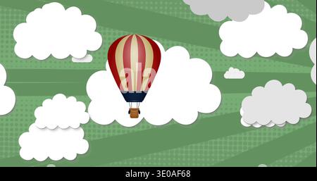 Sonnenwärmende Luft, rot-cremefarbener Heißluftballon, der über geschichteten weißen Wolken am grünen Himmel aufsteigt Stockfoto