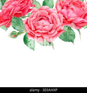 Illustration mit Blumenrand in Aquarellrot mit Rosen. Handgezeichnete botanische Blumen und grüne Blätter für Hochzeitseinladungen, Grußkarten Stockfoto
