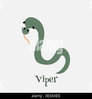 Niedliche Zeichentrickschlange. Glücklicher Tiercharakter. Grüne Viper-Karte. Vektorillustration isoliert auf weißem Hintergrund. Bild für eine Kinderkarte Stock Vektor
