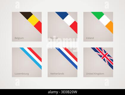 Schräge Flachbandflaggen aus Belgien, Frankreich, Irland, Luxemburg, den Niederlanden und dem Vereinigten Königreich Stock Vektor