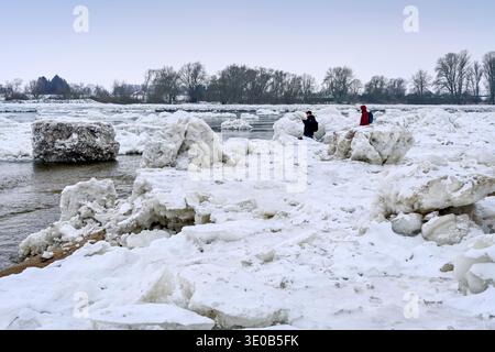 Winterphänomen und Besuchermagnet: Eisformationen und Eisberge an der Elbe bei Hamburg in Geesthacht, Schleswig-Holstein Stockfoto