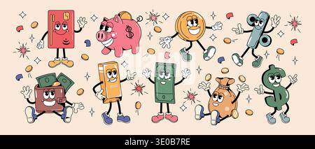 Cartoon-Retro-groovige y2k-Geldfiguren. Sticker-Set mit lustigen Schweinen, Brieftasche, Münztasche, Dollarschein, goldener Bar, Kreditkarte und Prozentzeichen mit flippigem Gesicht. Finanzkompetenz, Unternehmensinvestitionen Stock Vektor