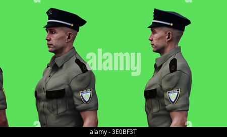 Polizist im Leerlauf. Grüner Bildschirm isolieren. 3D-Rendering. Stockfoto